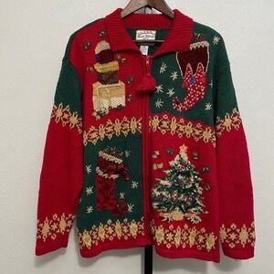 Vintage Women's Knit Christmas Sweater Cardigan Full Zip Festive Holiday